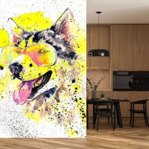 Sticker Waterverf het Siberische husky hond in glazen en geel spatten