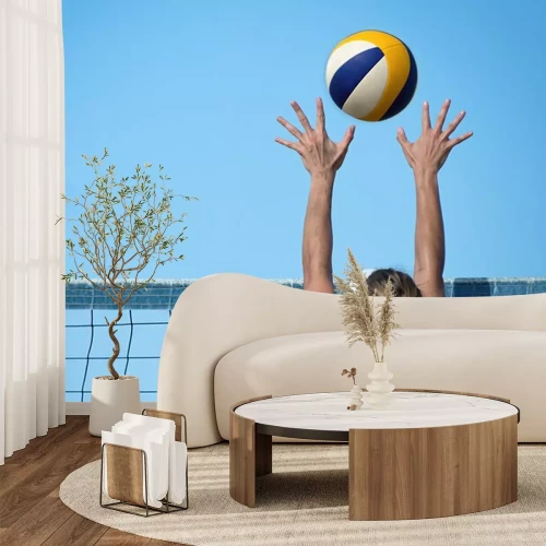 Sticker Beachvolleybal speler springt op het net en probeert de bal te blokken