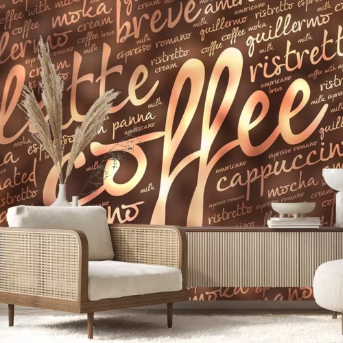 Sticker Inscripties op een bruine achtergrond over koffie
