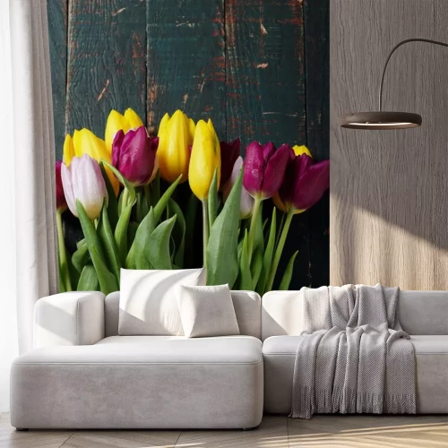 Sticker Tulpen op donkergroene planken