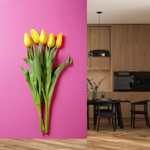 Sticker Vijf gele tulpen op een roze achtergrond