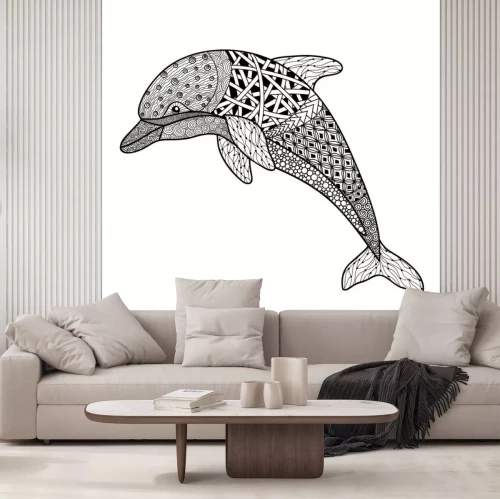 Sticker mooie zwart-wit zwart-witte dolfijn met decoratieve bloei elementen