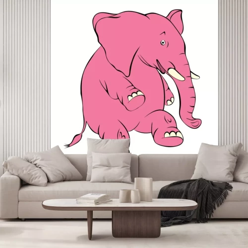 Sticker Illustratie van een vrolijke roze olifant. De olifant kosten op een achterpoot en glimlacht
