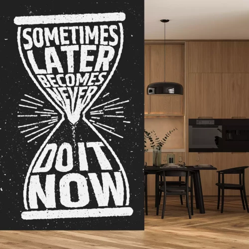 Sticker Soms wordt later nooit motiverende inspirerende citaat op grunge achtergrond.