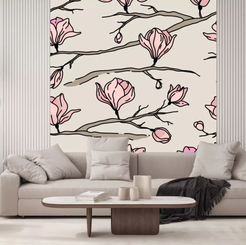 Sticker Minimalistische magnolia's op een grijze achtergrond