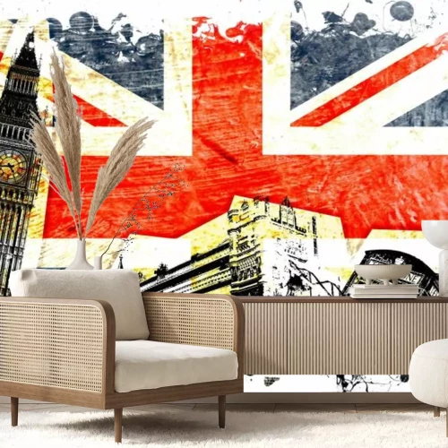 Fotobehang Symbolen van Londen tegen de achtergrond van de vlag
