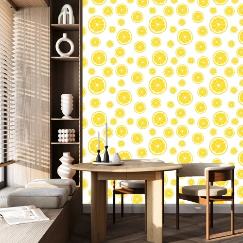 Behang Plakjes gele citroenen op een witte achtergrond