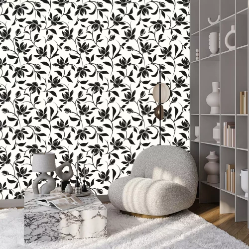 Behang Vector naadloos zwart-wit bloemmotief met magnolia bloemen en bladeren.