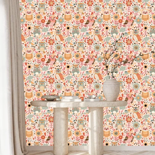 Behang Uilen voor meisjes met bloemen en hartjes