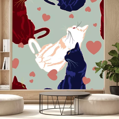 Sticker Zwarte, witte en rode katten onder harten