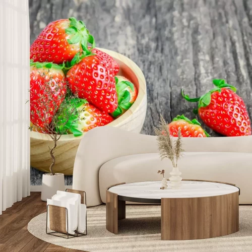 Sticker Rode Aardbeien in bruine houten kom
