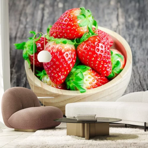 Sticker Rode Aardbeien in bruine houten kom