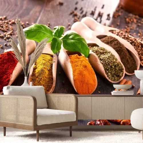 Sticker Verscheidenheid van kruiden op de keukentafel