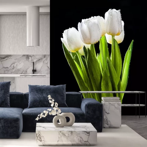 Sticker Natte witte tulpen op een zwarte achtergrond