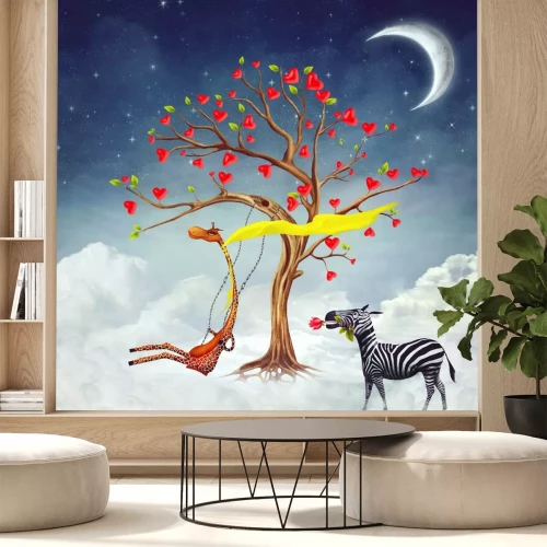 Sticker De afbeelding toont romantische betrekkingen tussen een giraffe en een zebra