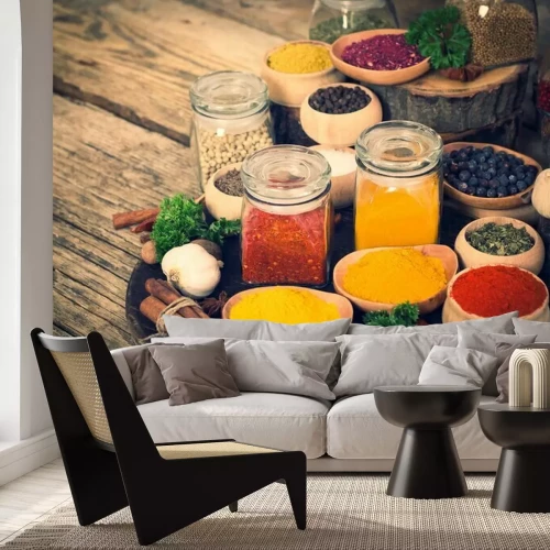 Sticker Specerijen en kruiden op de houten tafel