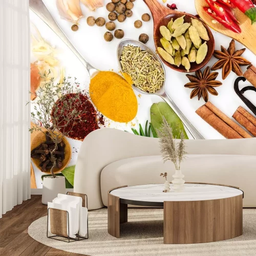 Sticker Verschillende kruiden in de lepels op een witte achtergrond.