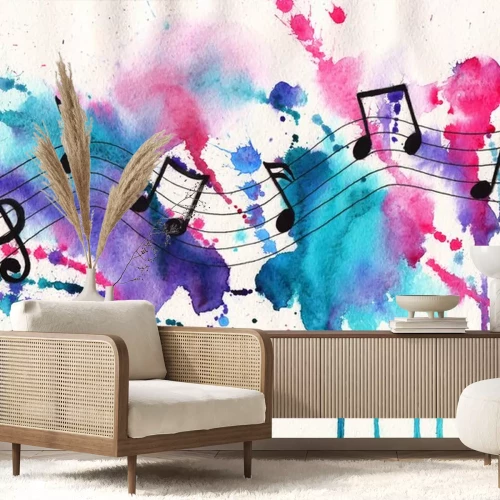 Sticker Watercolor notities. Muziek symbolen op abstracte aquarel gestructureerde achtergrond