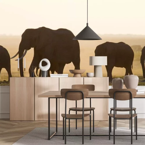 Sticker Groep van olifanten lopen op de savanne. Afrika. Kenia. Tanzania. Serengeti. Maasai Mara. Een uitstekende illustratie.