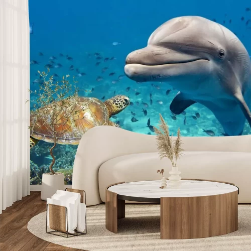 Fotobehang Dolfijn en schildpad onder water