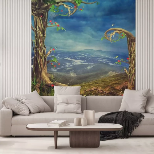 Sticker Een mooie bos scène met bomen en gras in de bergen