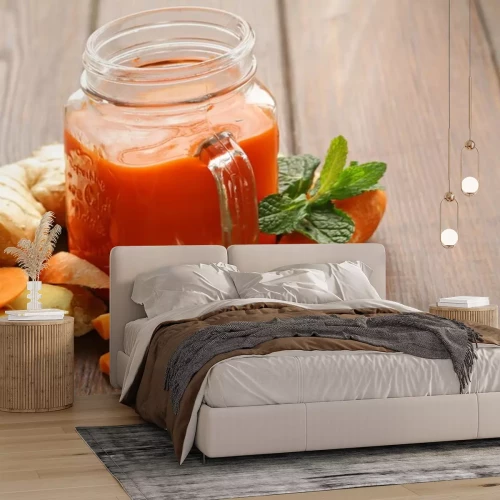 Sticker Vers wortelsap (smoothies) in een glazen pot, gezonde voeding