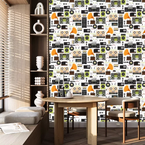 Behang Set of Musical items - cassette, cd-speler, dj mixer, equalizer