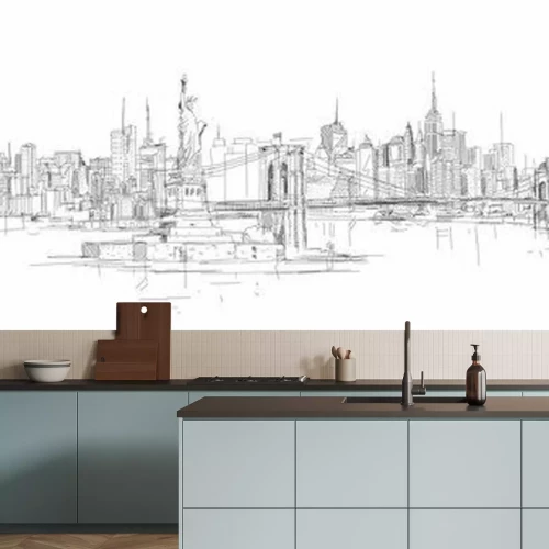 Sticker vector schets hand tekening panoramisch new york stadssilhouet