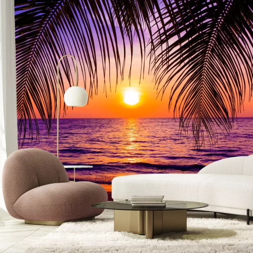Fotobehang Paarse zonsondergang onder de palmbomen