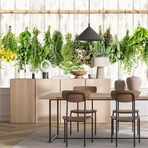 Fotobehang Bosjes verse kruiden op een houten achtergrond