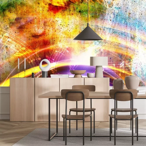 Sticker Audio muziek Spreker en noot. Kosmische ruimte en de sterren, abstracte kosmische achtergrondstraling.