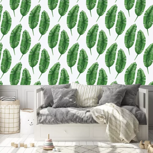 Behang Weelderige groene bananenbladeren