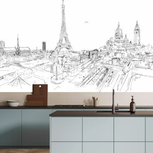 Fotobehang Zwart-wit tekening van Parijs vanuit vogelperspectief