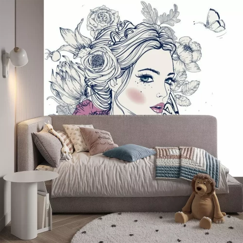 Fotobehang Portret van een vrouw met bloemen in haar haar