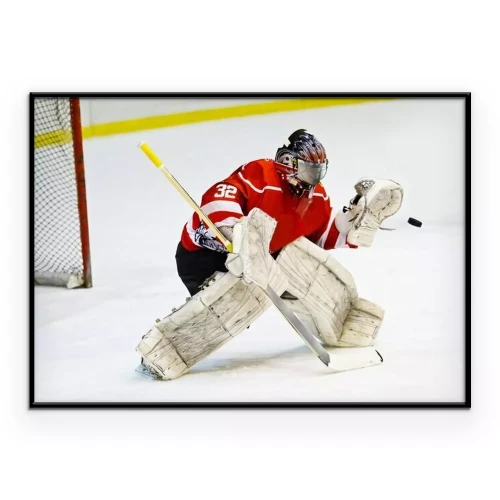 Poster Hockey goalie in generische rood apparatuur beschermt gate