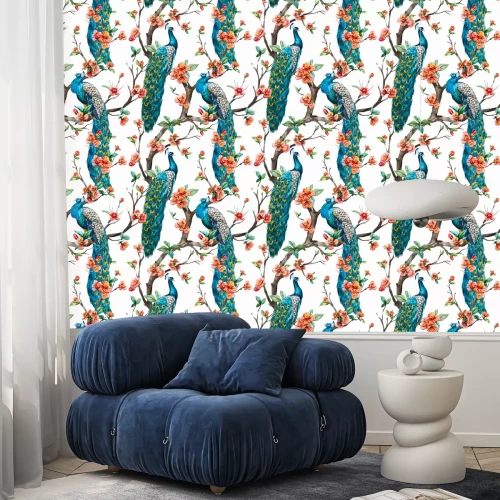 Behang Aquarel pauwen en bloemen