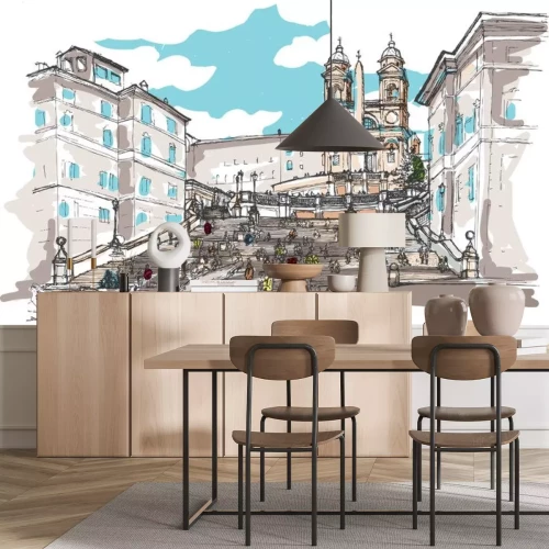 Sticker Aquarel Schets van de Spaanse Trappen, Rome, Italië