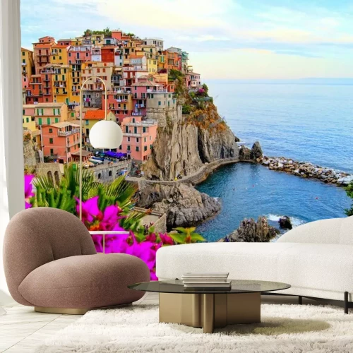 Fotobehang Cinque Terre kust van Italië met bloemen