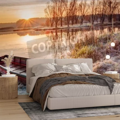 Fotobehang Winterse zonsopgang boven een meer