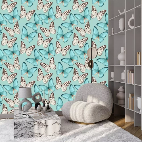 Behang Turquoise en beige vlinders op een lichte achtergrond