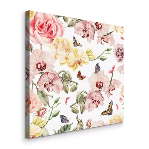 Canvas Vlinders tussen pastelkleurige bloemen op een witte achtergrond
