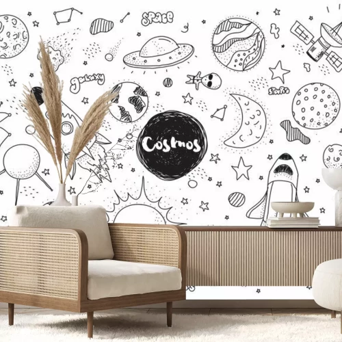 Fotobehang Zwart-wit getekende ruimtesymbolen voor kinderen