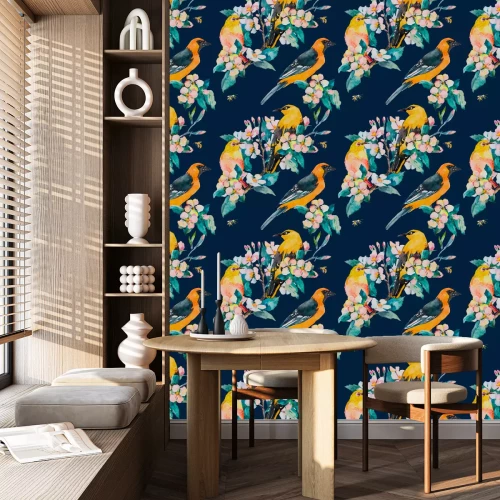 Behang Vogels en bloemen op een marineblauwe achtergrond