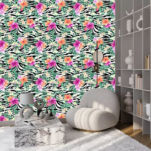 Behang Tropische bloemen over zebra print ~ naadloze achtergrond