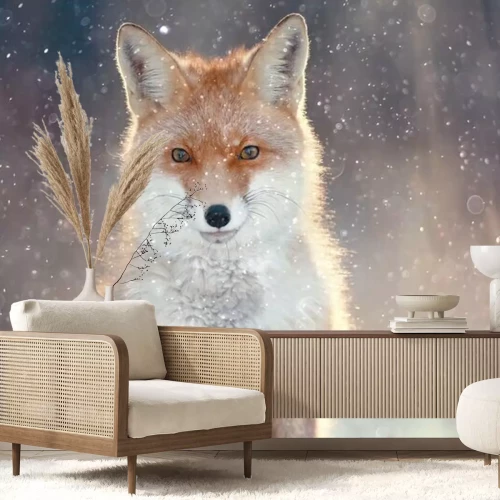 Fotobehang Een vos in de vallende sneeuw