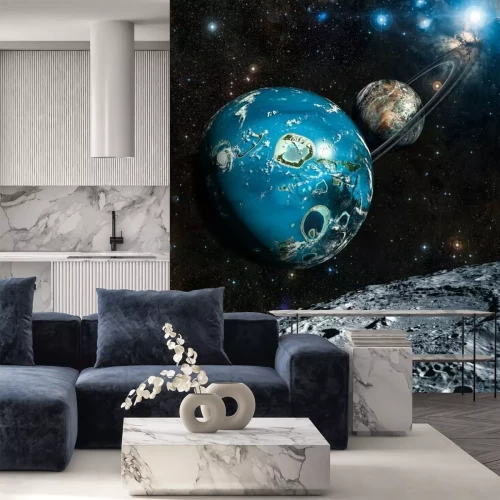 Fotobehang Een exoplaneet met poollicht en manen