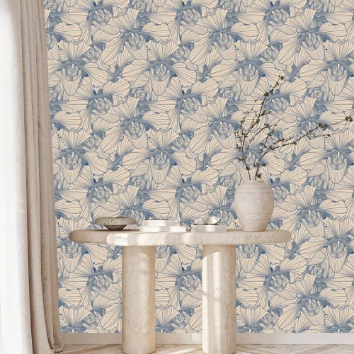 Behang Beige en blauwe orchidee bloem naadloos patroon