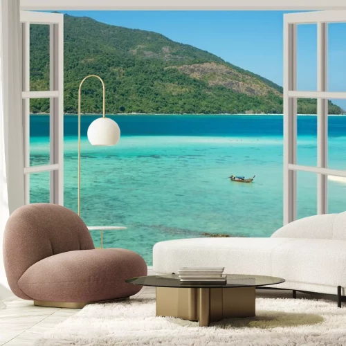 Fotobehang Raam met uitzicht op tropische zee