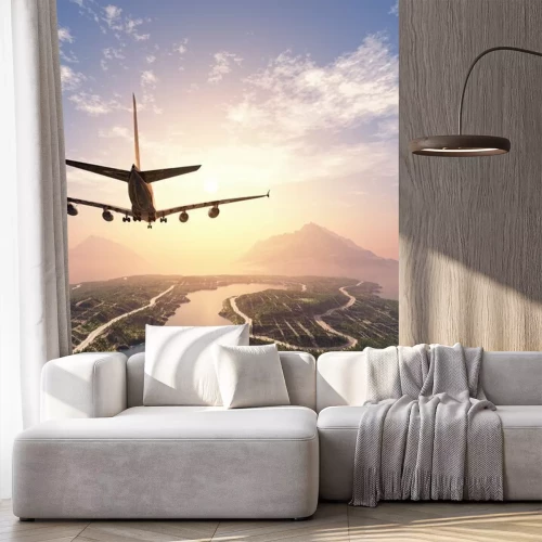 Fotobehang Een vliegtuig dat over het eiland vliegt