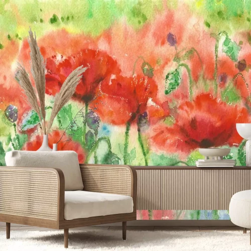 Fotobehang Delicate aquarel met klaprozen